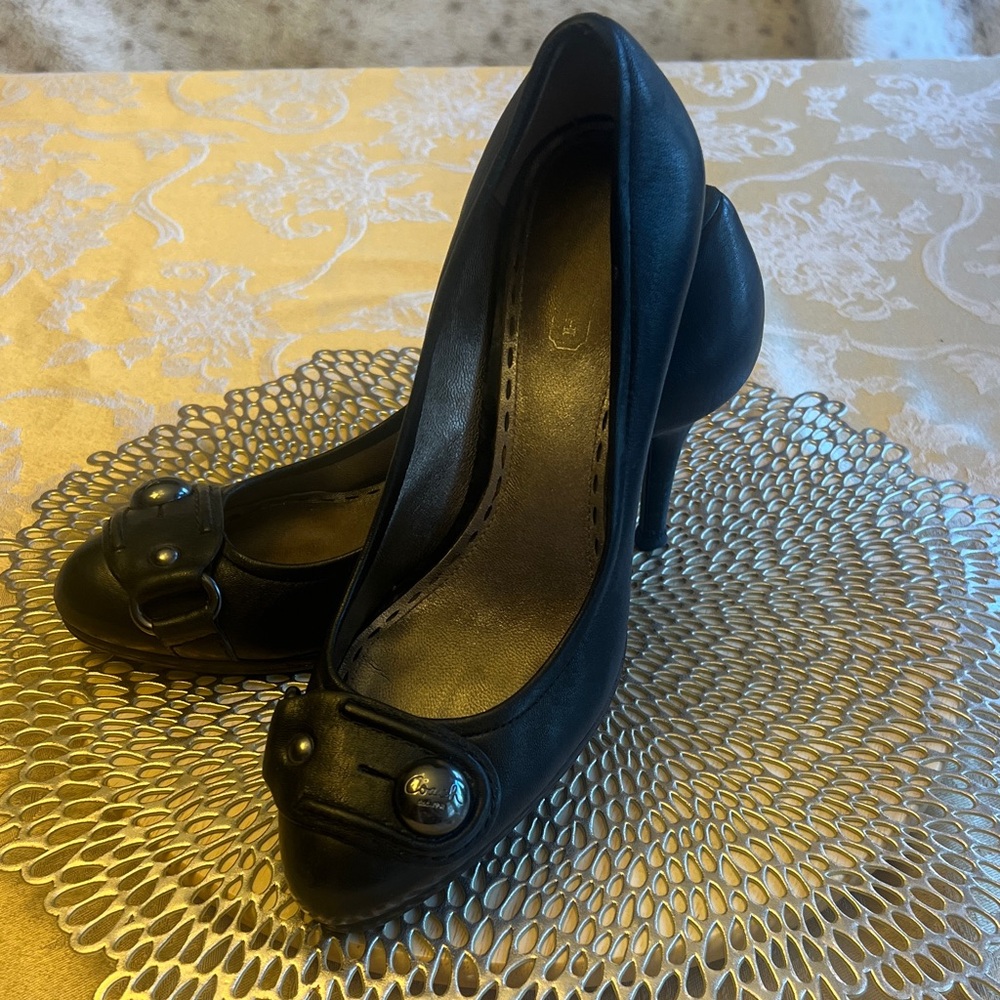 Coach Darlina Black Leather Pumps with Decorative Button Accent